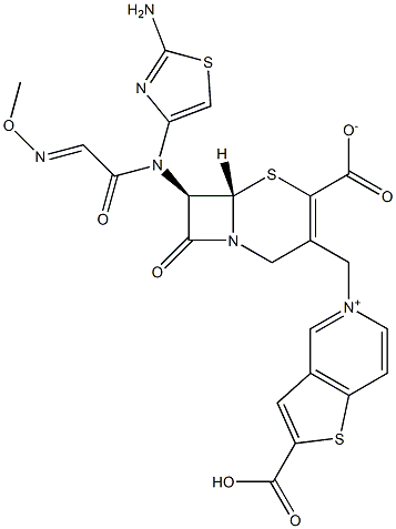 (7R)-7-[(2-アミノ-4-チアゾリル)(メトキシイミノ)アセチルアミノ]-3-[[(2-カルボキシチエノ[3,2-c]ピリジン-5-イウム)-5-イル]メチル]セファム-3-エン-4-カルボン酸 化学構造式