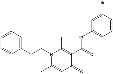 N-(3-ブロモフェニル)-1-フェネチル-2,6-ジメチル-4-オキソ-1,4-ジヒドロ-3-ピリジンカルボアミド 化学構造式