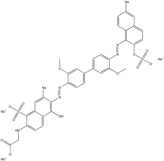 N-[5-ヒドロキシ-6-[[4'-[(2-ヒドロキシ-6-ソジオスルホ-1-ナフタレニル)アゾ]-3,3'-ジメトキシ-1,1'-ビフェニル-4-イル]アゾ]-7-ソジオスルホ-2-ナフタレニル]グリシンナトリウム 化学構造式