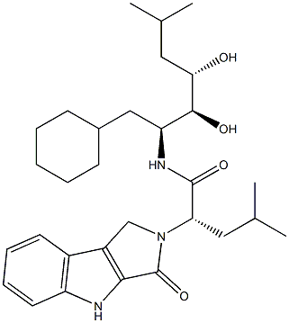(2S)-2-[(1,2,3,4-テトラヒドロ-3-オキソピロロ[3,4-b]インドール)-2-イル]-4-メチル-N-[(1S,2S,3S)-1-シクロヘキシルメチル-2,3-ジヒドロキシ-5-メチルヘキシル]バレルアミド 化学構造式