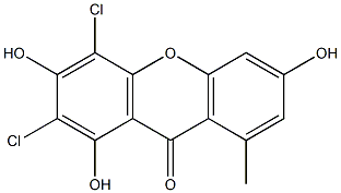 2,4-ジクロロ-1,3,6-トリヒドロキシ-8-メチルキサントン 化学構造式