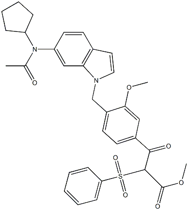 3-[4-[6-(Cyclopentylacetylamino)-1H-indol-1-ylmethyl]-3-methoxyphenyl]-3-oxo-2-phenylsulfonylpropionic acid methyl ester Structure