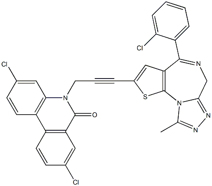 4-(2-Chlorophenyl)-9-methyl-2-[3-[(3,8-dichloro-5,6-dihydro-6-oxophenanthridin)-5-yl]-1-propynyl]-6H-thieno[3,2-f][1,2,4]triazolo[4,3-a][1,4]diazepine Structure