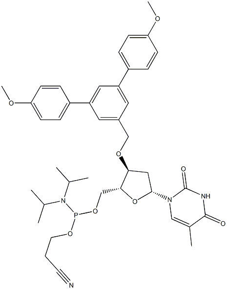 3'-O-[3,5-Bis(4-methoxyphenyl)benzyl]-5'-O-[(diisopropylamino)(2-cyanoethyloxy)phosphino]thymidine,,结构式