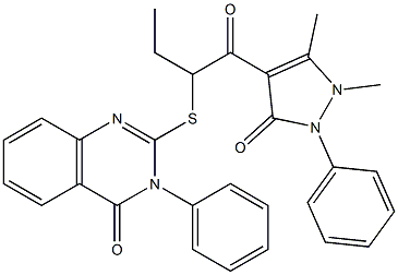 3-Phenyl-2-[[1-[(1-phenyl-2,3-dimethyl-5-oxo-3-pyrazolin-4-yl)carbonyl]propyl]thio]quinazolin-4(3H)-one 结构式