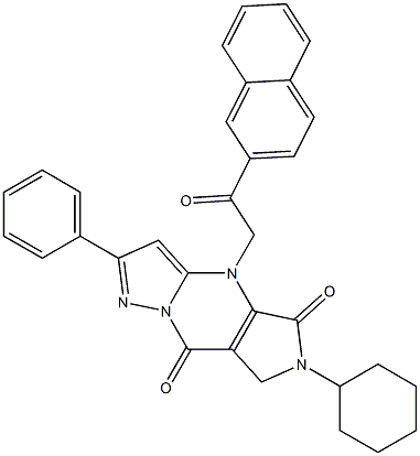 6-Cyclohexyl-6,7-dihydro-4-[2-(2-naphthalenyl)-2-oxoethyl]-2-phenyl-4H-1,4,6,8a-tetraaza-s-indacene-5,8-dione Struktur