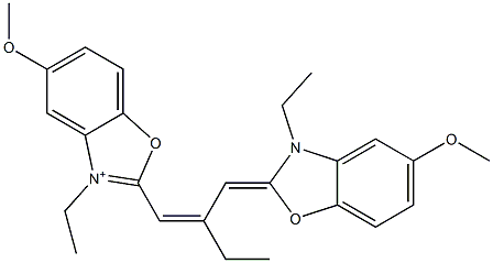 3-エチル-2-[2-[(3-エチル-5-メトキシベンゾオキサゾール-2(3H)-イリデン)メチル]-1-ブテニル]-5-メトキシベンゾオキサゾリウム 化学構造式