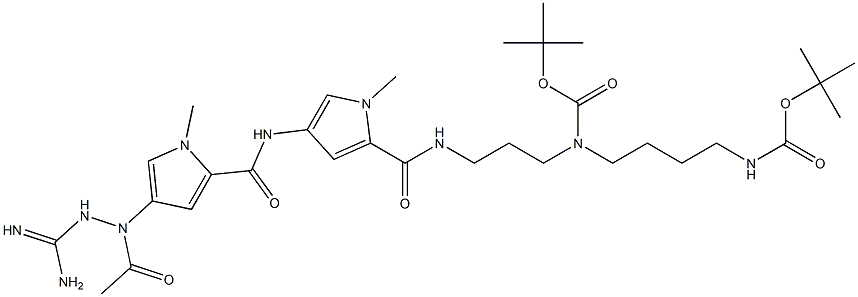 4-[[4-[(Amidinoamino)acetylamino]-1-methyl-1H-pyrrol-2-yl]carbonylamino]-N-[3-[(tert-butoxycarbonyl)[4-(tert-butoxycarbonylamino)butyl]amino]propyl]-1-methyl-1H-pyrrole-2-carboxamide Struktur