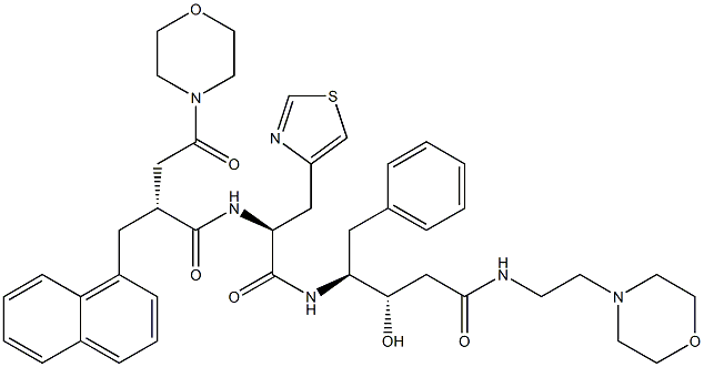 (3S,4S)-3-Hydroxy-5-phenyl-4-[[(2S)-3-(4-thiazolyl)-2-[[(2R)-2-[morpholinocarbonylmethyl]-3-(1-naphthalenyl)propionyl]amino]propionyl]amino]-N-(2-morpholinoethyl)valeramide Struktur