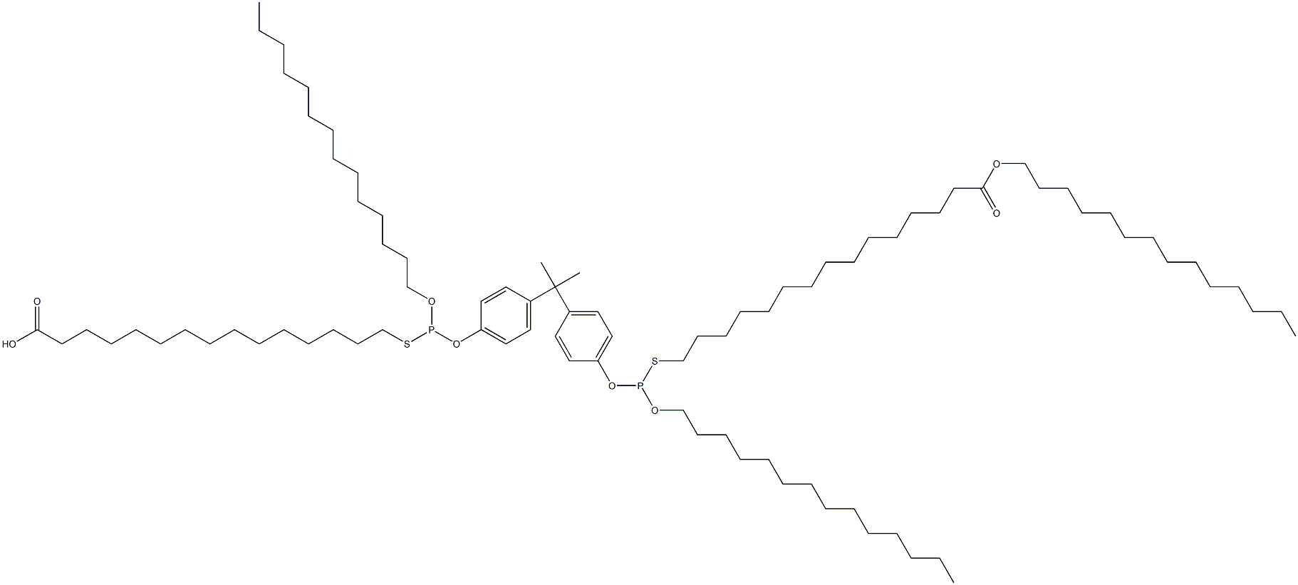 15,15'-[[イソプロピリデンビス(4,1-フェニレンオキシ)]ビス[(テトラデシルオキシ)ホスフィンジイルチオ]]ビス(ペンタデカン酸テトラデシル) 化学構造式