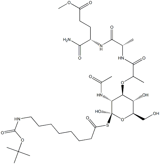 (4S)-4-[[N-[N-Acetyl-1-[[8-[[(tert-butoxy)carbonyl]amino]octanoyl]thio]muramoyl]-L-alanyl]amino]-5-amino-5-oxopentanoic acid methyl ester Struktur