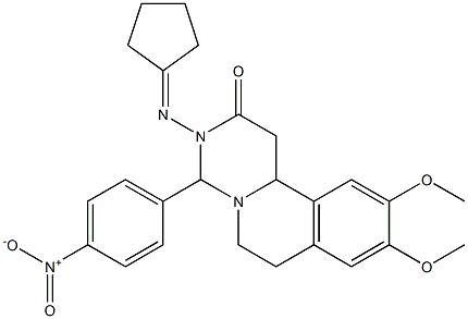 3-(Cyclopentylideneamino)-4-(4-nitrophenyl)-9,10-dimethoxy-1,3,4,6,7,11b-hexahydro-2H-pyrimido[6,1-a]isoquinolin-2-one Struktur