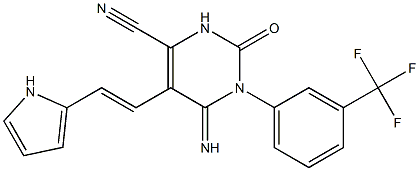 5-(1-Aza-2-(2-thienyl)vinyl)-4-imino-2-oxo-3-(3-(trifluoromethyl)phenyl)-1H-1,3-diazine-6-carbonitrile,,结构式