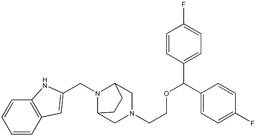 3-(2-(bis(4-fluorophenyl)methoxy)ethyl)-8-(1H-indol-2-ylmethyl)-3,8-diazabicyclo(3.2.1)octane 结构式