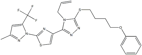 4-allyl-3-{2-[3-methyl-5-(trifluoromethyl)-1H-pyrazol-1-yl]-1,3-thiazol-4-yl}-5-[(4-phenoxybutyl)sulfanyl]-4H-1,2,4-triazole 化学構造式