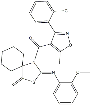 [3-(2-chlorophenyl)-5-methylisoxazol-4-yl]{2-[(2-methoxyphenyl)imino]-4-methylidene-3-thia-1-azaspiro[4.5]dec-1-yl}methanone,,结构式