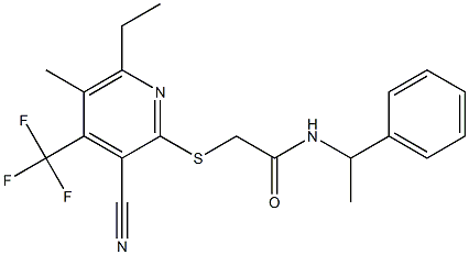 2-{[3-cyano-6-ethyl-5-methyl-4-(trifluoromethyl)-2-pyridinyl]sulfanyl}-N-(1-phenylethyl)acetamide 化学構造式