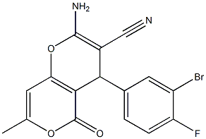 2-amino-4-(3-bromo-4-fluorophenyl)-7-methyl-5-oxo-4H,5H-pyrano[4,3-b]pyran-3-carbonitrile 结构式