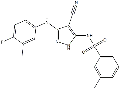 N-[4-cyano-3-(4-fluoro-3-methylanilino)-1H-pyrazol-5-yl]-3-methylbenzenesulfonamide 化学構造式