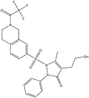 4-(2-hydroxyethyl)-5-methyl-2-phenyl-1-{[2-(2,2,2-trifluoroacetyl)-1,2,3,4-tetrahydro-7-isoquinolinyl]sulfonyl}-1,2-dihydro-3H-pyrazol-3-one 化学構造式