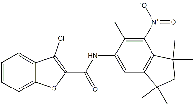 N2-(1,1,3,3,6-pentamethyl-7-nitro-2,3-dihydro-1H-inden-5-yl)-3-chlorobenzo[b]thiophene-2-carboxamide Structure