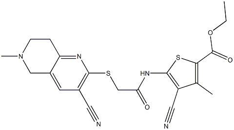 ethyl 4-cyano-5-({2-[(3-cyano-6-methyl-5,6,7,8-tetrahydro[1,6]naphthyridin-2-yl)sulfanyl]acetyl}amino)-3-methyl-2-thiophenecarboxylate Struktur