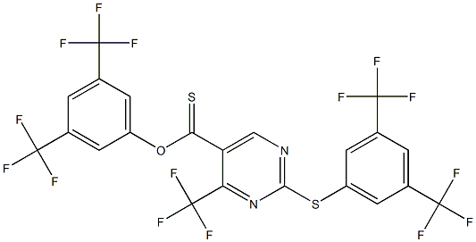 3,5-di(trifluoromethyl)phenyl 2-{[3,5-di(trifluoromethyl)phenyl]thio}-4-(tr ifluoromethyl)pyrimidine-5-carbothioate 化学構造式