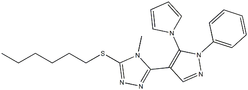 hexyl 4-methyl-5-[1-phenyl-5-(1H-pyrrol-1-yl)-1H-pyrazol-4-yl]-4H-1,2,4-triazol-3-yl sulfide 化学構造式
