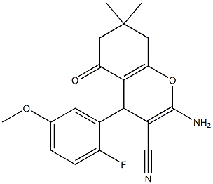 2-amino-4-(2-fluoro-5-methoxyphenyl)-7,7-dimethyl-5-oxo-5,6,7,8-tetrahydro-4H-chromene-3-carbonitrile 结构式