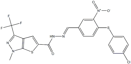 N'-({4-[(4-chlorophenyl)sulfanyl]-3-nitrophenyl}methylene)-1-methyl-3-(trifluoromethyl)-1H-thieno[2,3-c]pyrazole-5-carbohydrazide,,结构式