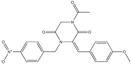 1-acetyl-3-[(E)-(4-methoxyphenyl)methylidene]-4-(4-nitrobenzyl)tetrahydro-2,5-pyrazinedione 化学構造式