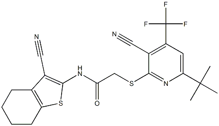 2-{[6-(tert-butyl)-3-cyano-4-(trifluoromethyl)-2-pyridinyl]sulfanyl}-N-(3-cyano-4,5,6,7-tetrahydro-1-benzothiophen-2-yl)acetamide Struktur