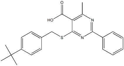 4-(4-tert-Butyl-benzylsulfanyl)-6-methyl-2-phenyl-pyrimidine-5-carboxylic acid 化学構造式