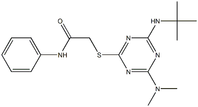 2-{[4-(tert-butylamino)-6-(dimethylamino)-1,3,5-triazin-2-yl]sulfanyl}-N-phenylacetamide Struktur
