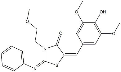 5-(4-hydroxy-3,5-dimethoxybenzylidene)-3-(2-methoxyethyl)-2-(phenylimino)-1,3-thiazolidin-4-one 化学構造式