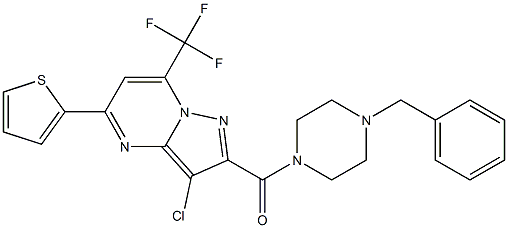 2-[(4-benzyl-1-piperazinyl)carbonyl]-3-chloro-5-(2-thienyl)-7-(trifluoromethyl)pyrazolo[1,5-a]pyrimidine Struktur