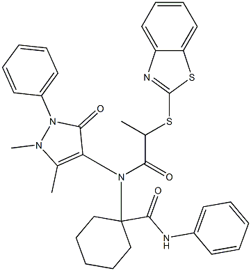 1-[[2-(1,3-benzothiazol-2-ylsulfanyl)propanoyl](1,5-dimethyl-3-oxo-2-phenyl-2,3-dihydro-1H-pyrazol-4-yl)amino]-N-phenylcyclohexanecarboxamide 化学構造式