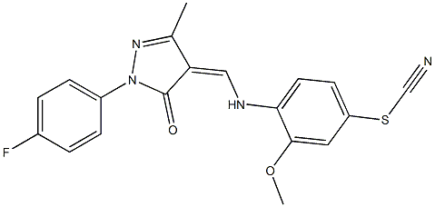 4-({[1-(4-fluorophenyl)-3-methyl-5-oxo-1,5-dihydro-4H-pyrazol-4-ylidene]methyl}amino)-3-methoxyphenyl thiocyanate 化学構造式