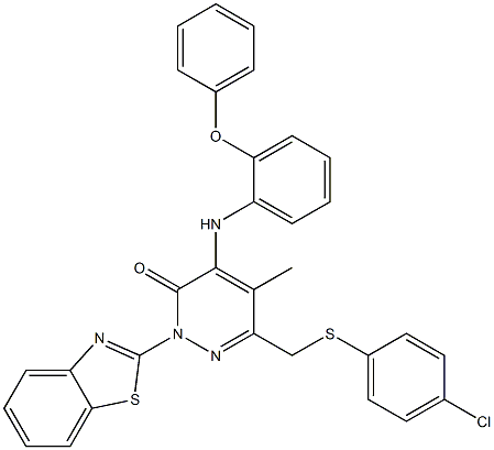2-(1,3-benzothiazol-2-yl)-6-{[(4-chlorophenyl)sulfanyl]methyl}-5-methyl-4-(2-phenoxyanilino)pyridazin-3(2H)-one Struktur