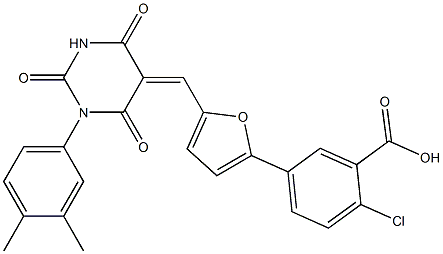 2-chloro-5-{5-[(1-(3,4-dimethylphenyl)-2,4,6-trioxotetrahydro-5(2H)-pyrimidinylidene)methyl]-2-furyl}benzoic acid,,结构式