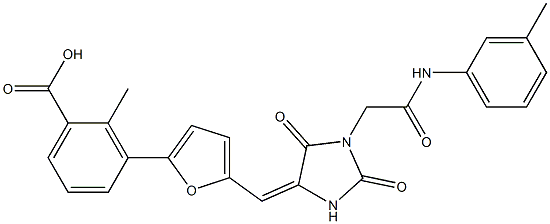 3-[5-({2,5-dioxo-1-[2-oxo-2-(3-toluidino)ethyl]-4-imidazolidinylidene}methyl)-2-furyl]-2-methylbenzoic acid Structure
