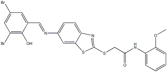 2-({6-[(3,5-dibromo-2-hydroxybenzylidene)amino]-1,3-benzothiazol-2-yl}sulfanyl)-N-(2-methoxyphenyl)acetamide,,结构式