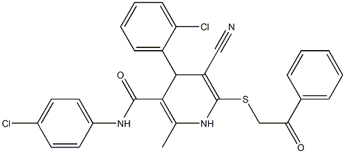 4-(2-chlorophenyl)-N-(4-chlorophenyl)-5-cyano-2-methyl-6-[(2-oxo-2-phenylethyl)sulfanyl]-1,4-dihydro-3-pyridinecarboxamide,,结构式