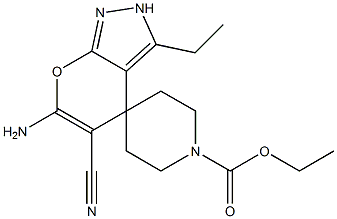 6-amino-5-cyano-1'-ethoxycarbonyl-3-ethyl-2,4-dihydrospiro[pyrano[2,3-c]pyrazole-4,4'-piperidine] Struktur
