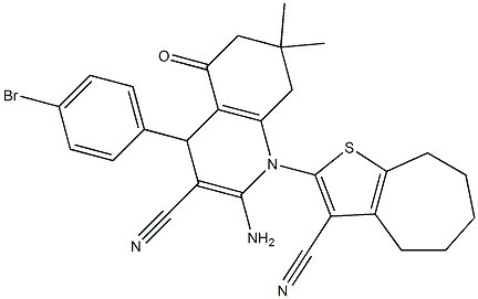2-amino-4-(4-bromophenyl)-1-(3-cyano-5,6,7,8-tetrahydro-4H-cyclohepta[b]thien-2-yl)-7,7-dimethyl-5-oxo-1,4,5,6,7,8-hexahydro-3-quinolinecarbonitrile Struktur