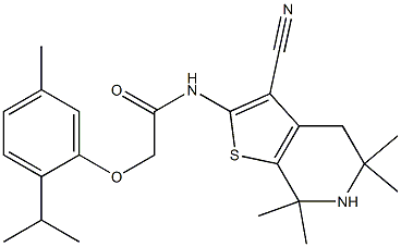 N-(3-cyano-5,5,7,7-tetramethyl-4,5,6,7-tetrahydrothieno[2,3-c]pyridin-2-yl)-2-(2-isopropyl-5-methylphenoxy)acetamide Struktur