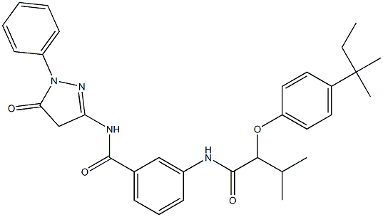 3-{[3-methyl-2-(4-tert-pentylphenoxy)butanoyl]amino}-N-(5-oxo-1-phenyl-4,5-dihydro-1H-pyrazol-3-yl)benzamide 化学構造式