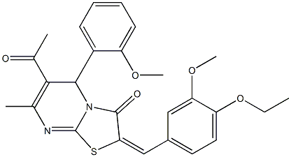 6-acetyl-2-(4-ethoxy-3-methoxybenzylidene)-5-(2-methoxyphenyl)-7-methyl-5H-[1,3]thiazolo[3,2-a]pyrimidin-3(2H)-one Struktur