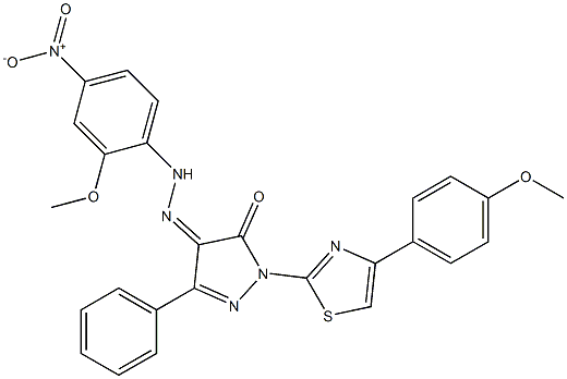 1-[4-(4-methoxyphenyl)-1,3-thiazol-2-yl]-3-phenyl-1H-pyrazole-4,5-dione 4-[N-(2-methoxy-4-nitrophenyl)hydrazone] 化学構造式