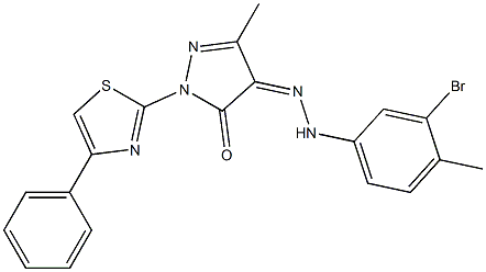 3-methyl-1-(4-phenyl-1,3-thiazol-2-yl)-1H-pyrazole-4,5-dione 4-[N-(3-bromo-4-methylphenyl)hydrazone] Structure